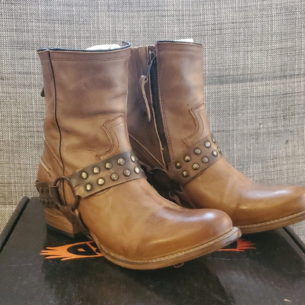 Brown Leather Ankle Boots with Studded Strap